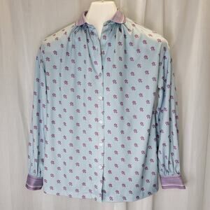 Puccini Vintage Pink Blue Polyester Button Front Top with Rounded Collar, M